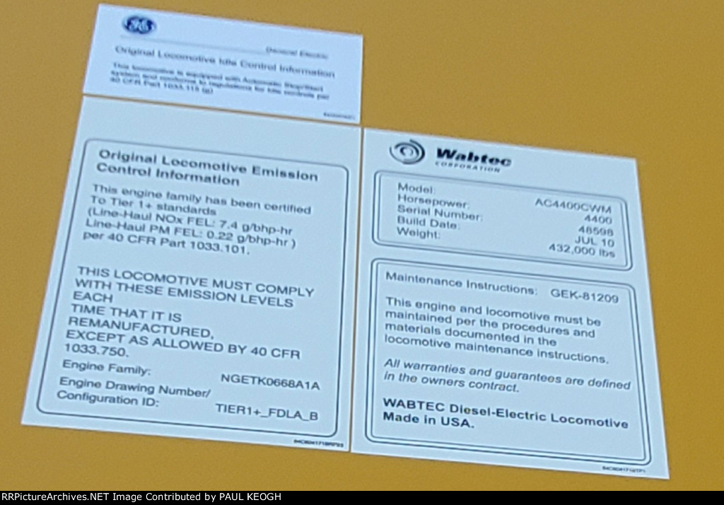 Wabtec Data Plate for UP 6284